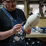 Richard Heeley at work in his pottery in Shropshire Feb 2018